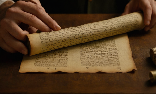 Pergaminos de texto histórico desplegables de manos matemáticas sobre una mesa de madera.