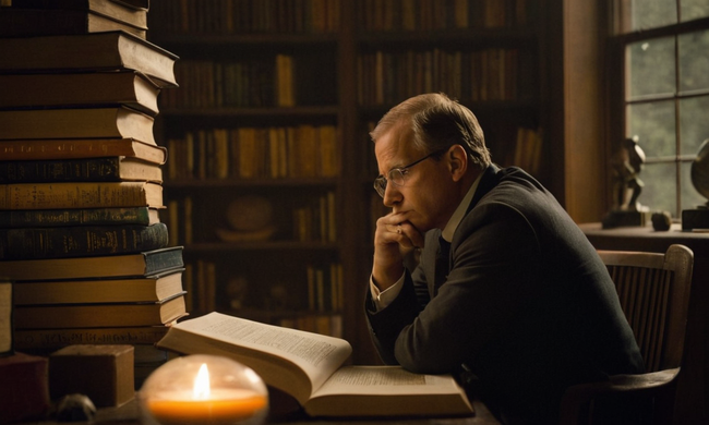 Un pensador sentado en medio de libros científicos y ecuaciones, contemplando conceptos intelectuales.