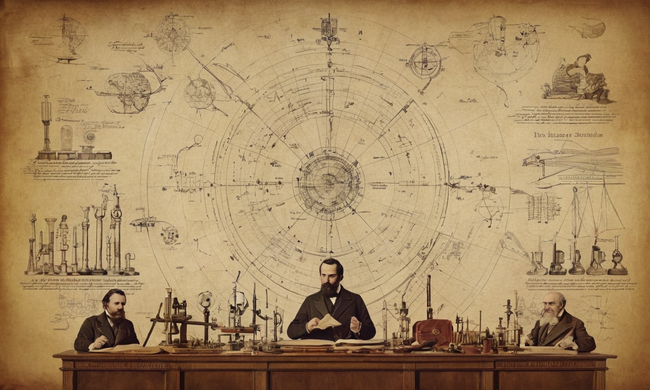 Figuras históricas rodeadas de instrumentos y diagramas científicos, con principios racionales escritos a través del fondo.