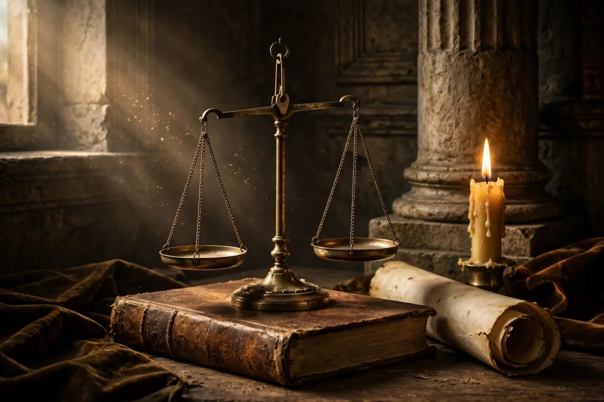 Balanza de justicia con libro y pergamino sobre fondo clásico