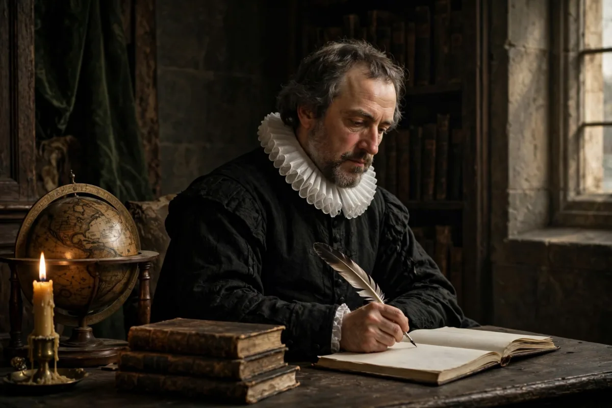 Filósofo racionalista escribiendo en un estudio del siglo XVII